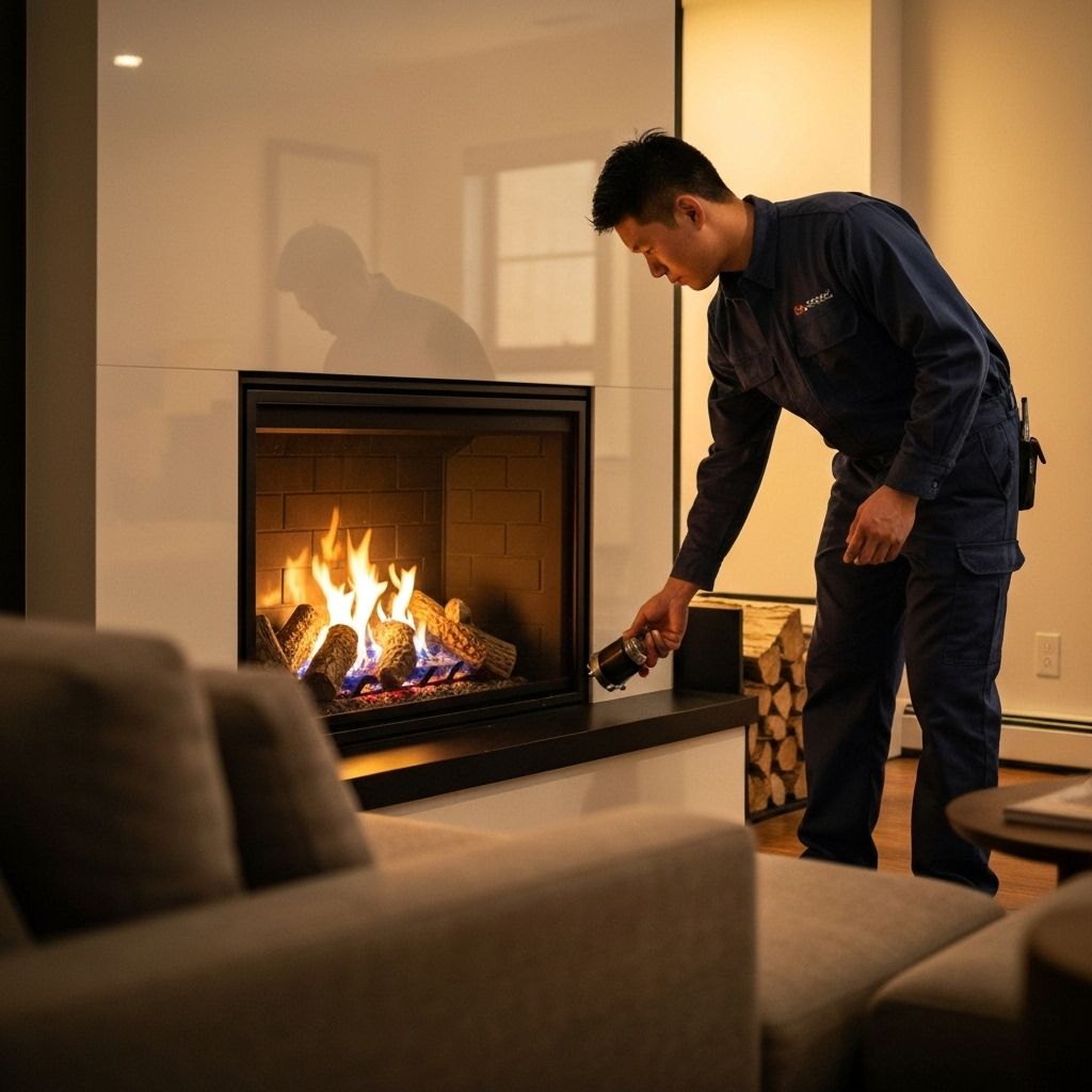 Professional fireplace technician servicing gas fireplace